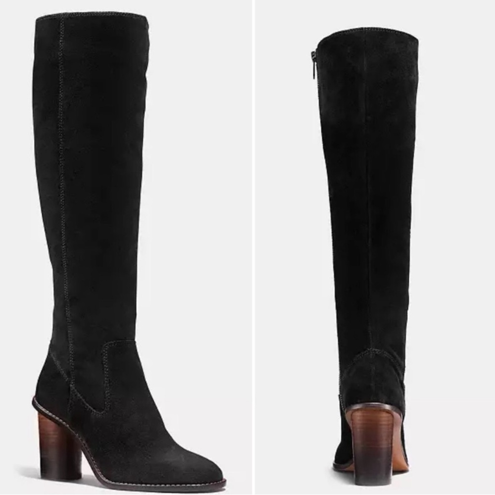 Coach Black Suede Knee-High Heeled Boots - Picture 1 of 8